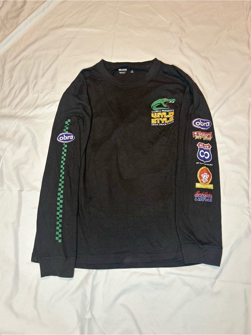Hollister Black Long-Sleeve Graphic Tee with Green and Yellow Accents